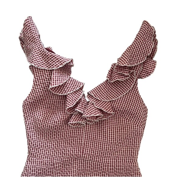Wayf Gingham Ruffle Asymmetric Mini Dress Red Size Small Preppy Twee Feminine‎ - Picture 3 of 12